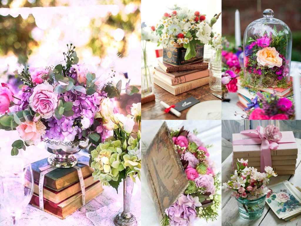 centros de mesa con libros y flores